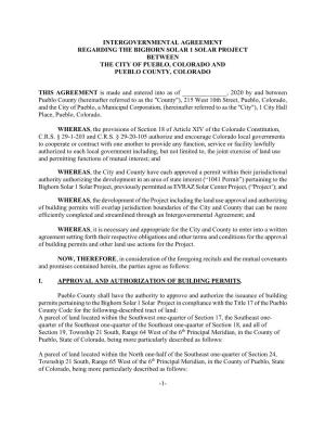 Intergovernmental Agreement Regarding the Bighorn Solar 1 Solar Project Between the City of Pueblo, Colorado and Pueblo County, Colorado