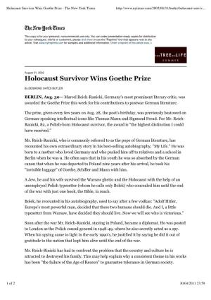 Holocaust Survivor Wins Goethe Prize - the New York Times
