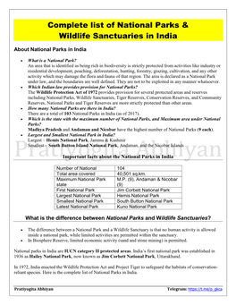 Complete List of National Parks & Wildlife Sanctuaries in India
