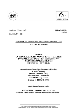 Report on Electoral Rules and Affirmative Action for National Minorities’ Participation in Decision-Making Process in European Countries