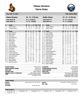 Ottawa Senators Game Notes