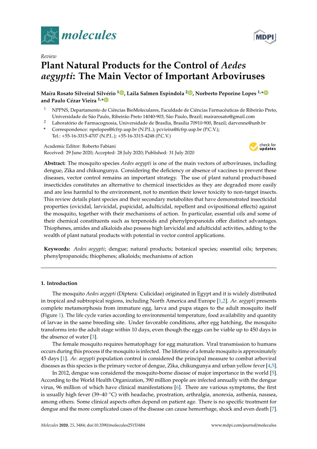 Plant Natural Products for the Control of Aedes Aegypti: the Main Vector of Important Arboviruses