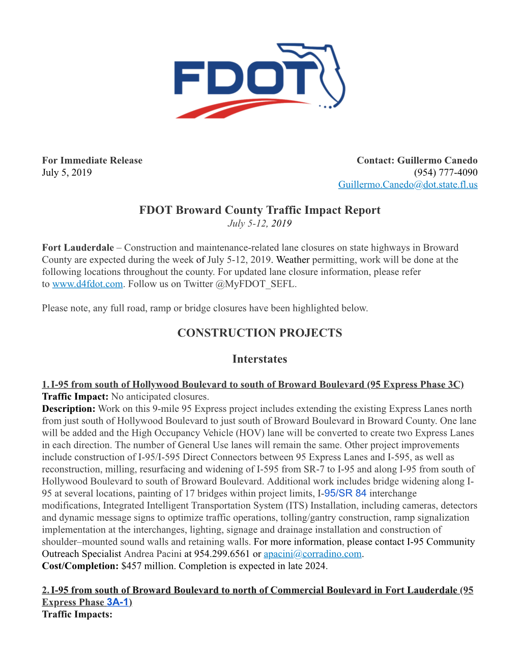 FDOT Broward County Traffic Impact Report CONSTRUCTION