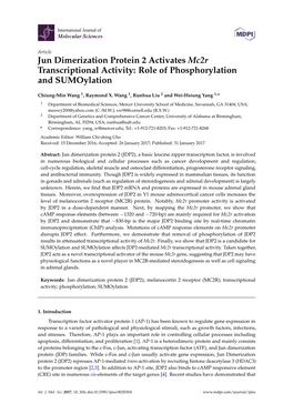 Jun Dimerization Protein 2 Activates Mc2r Transcriptional Activity: Role of Phosphorylation and Sumoylation