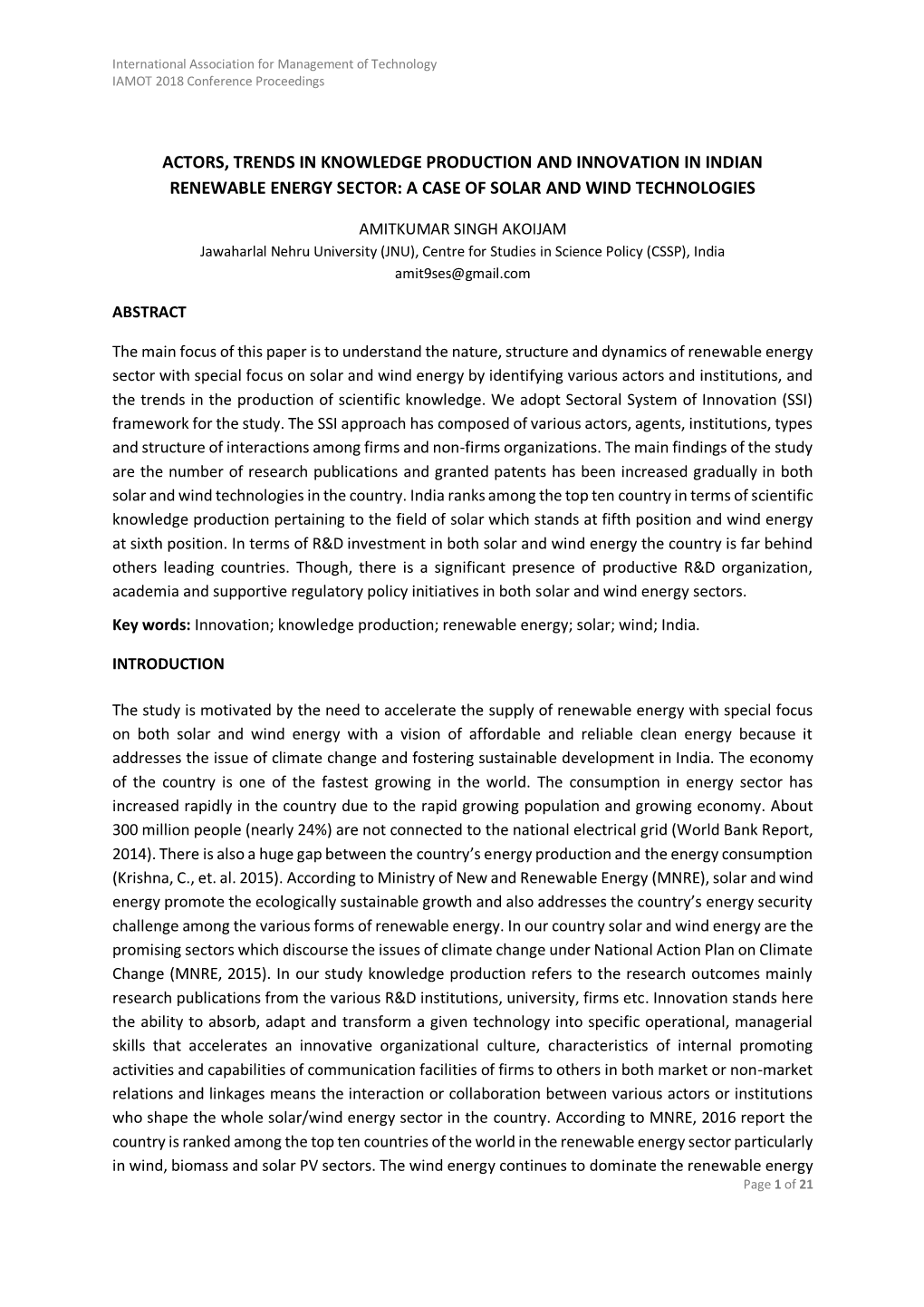 Actors, Trends in Knowledge Production and Innovation in Indian Renewable Energy Sector: a Case of Solar and Wind Technologies