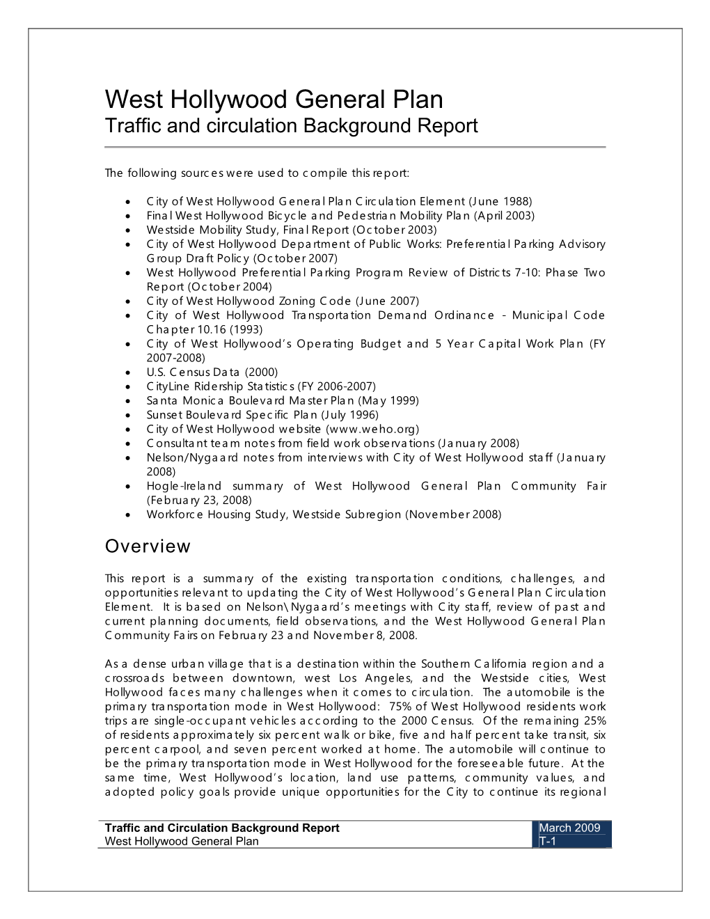 West Hollywood General Plan Traffic and Circulation Background Report