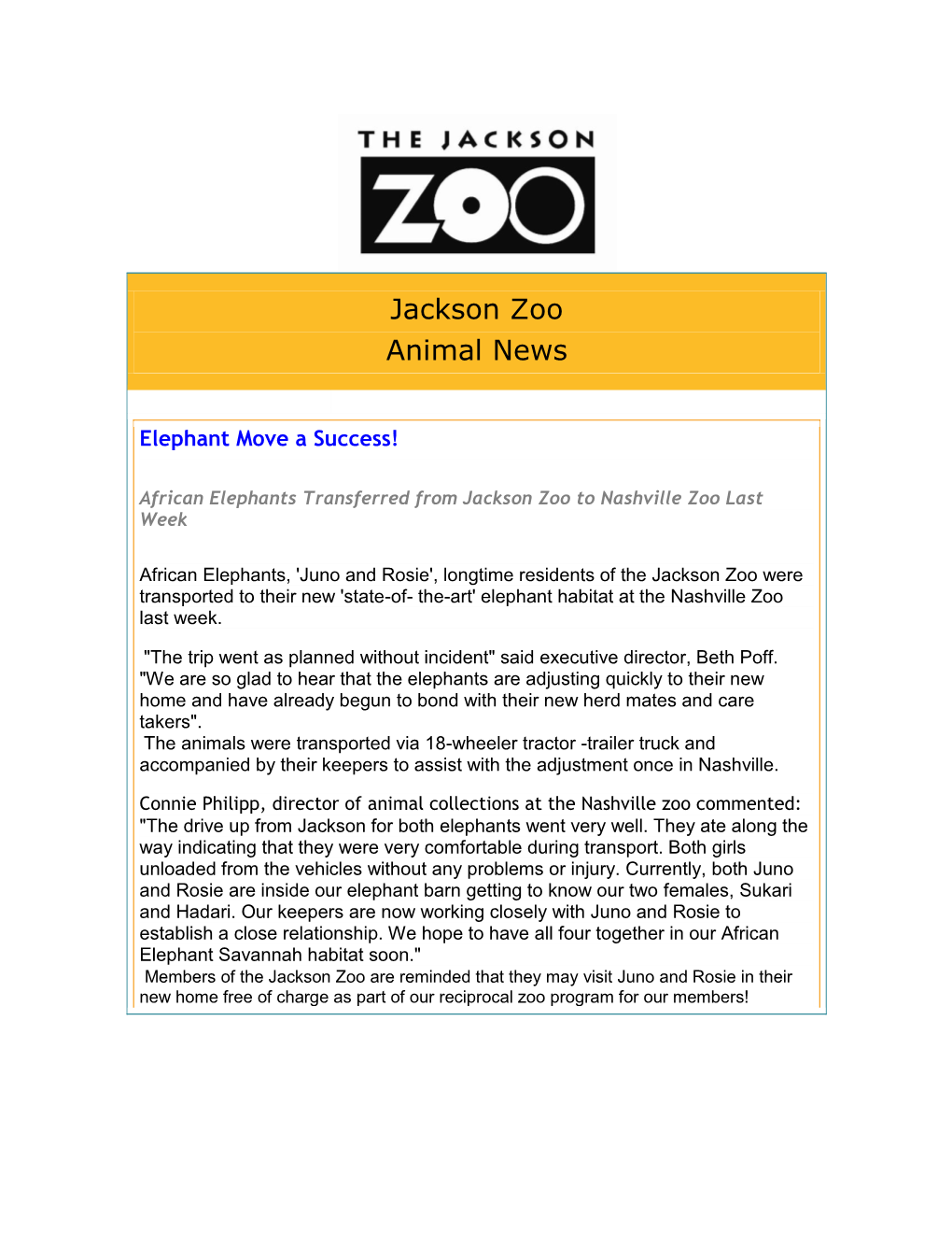 Jackson Zoo Animal News