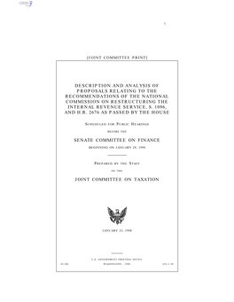 Description and Analysis of Proposals Relating to the Recommendations of the National Commission on Restructuring the Internal Revenue Service, S