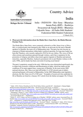Country Advice India India – IND38350 – Shiv Sena – Bharatiya