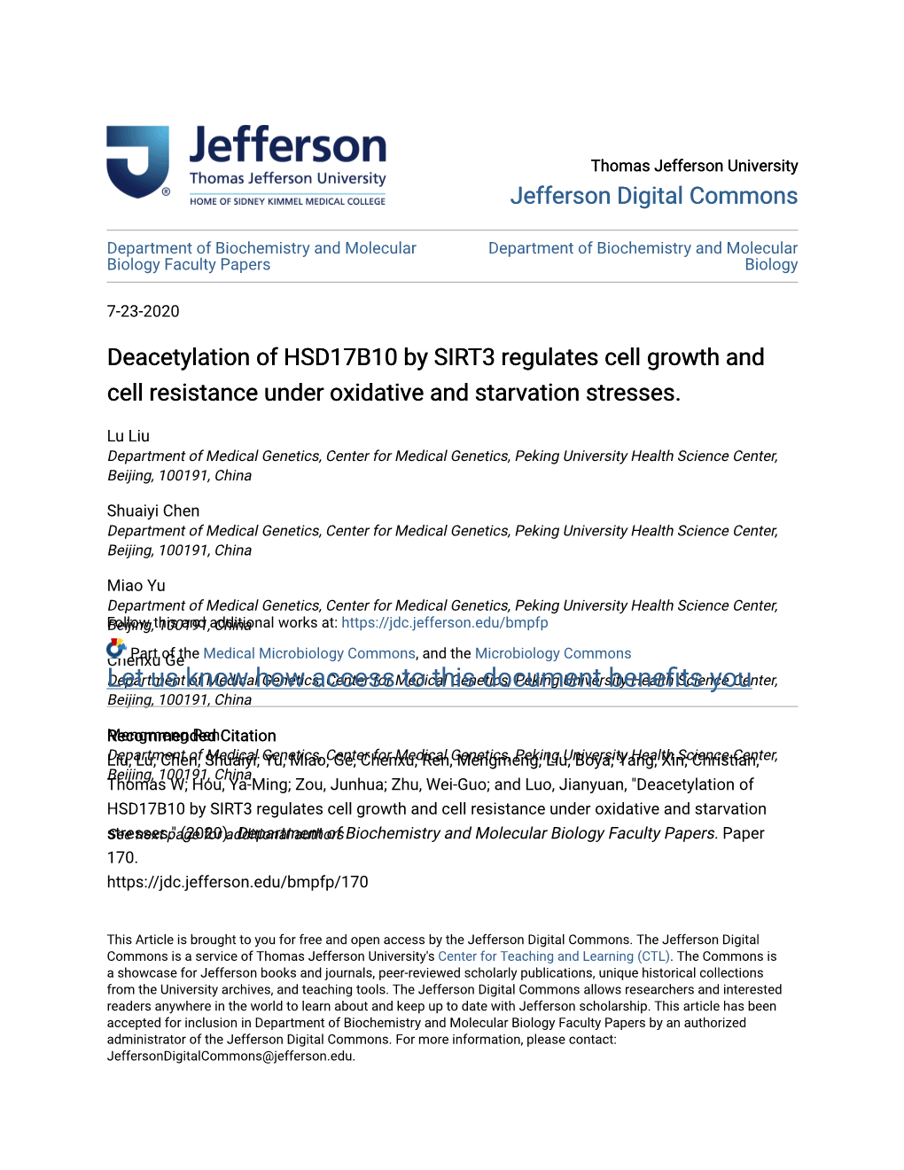 Deacetylation of HSD17B10 by SIRT3 Regulates Cell Growth and Cell Resistance Under Oxidative and Starvation Stresses