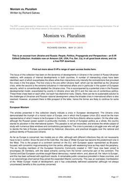 Monism Vs. Pluralism Written by Richard Sakwa