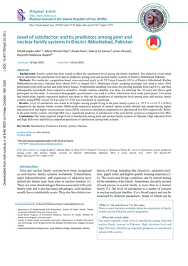 Level of Satisfaction and Its Predictors Among Joint and Nuclear Family Systems in District Abbottabad, Pakistan