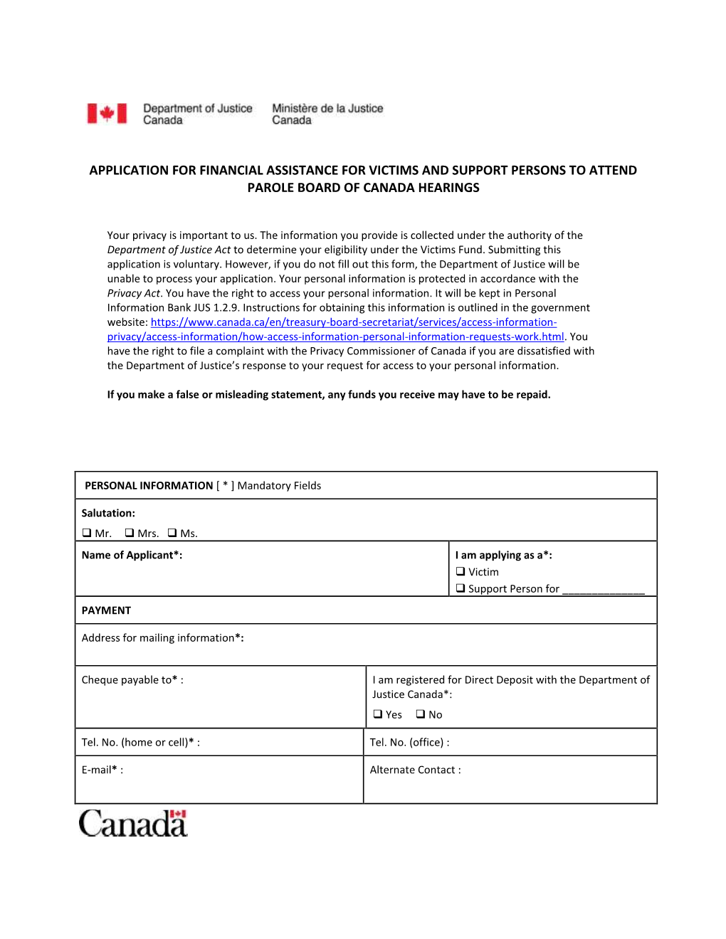 Application for Financial Assistance for Victims and Support Persons to Attend Parole Board of Canada Hearings