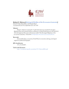 Robert C. Merton [Ideological Profiles of the Economics Laureates] Daniel B