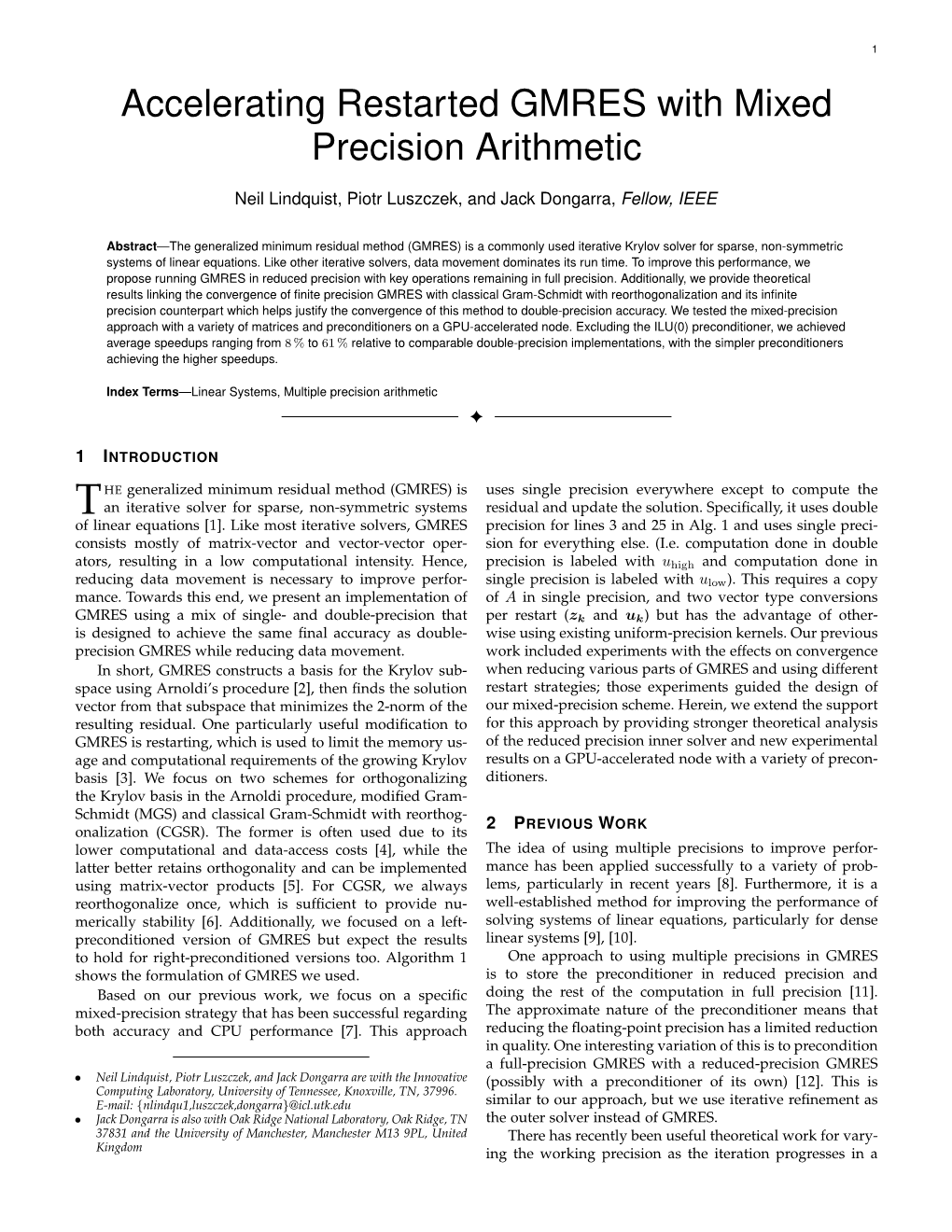 Accelerating Restarted GMRES with Mixed Precision Arithmetic