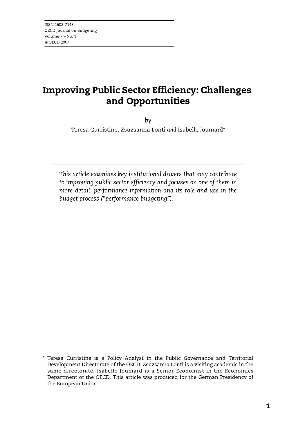 Improving Public Sector Efficiency: Challenges and Opportunities