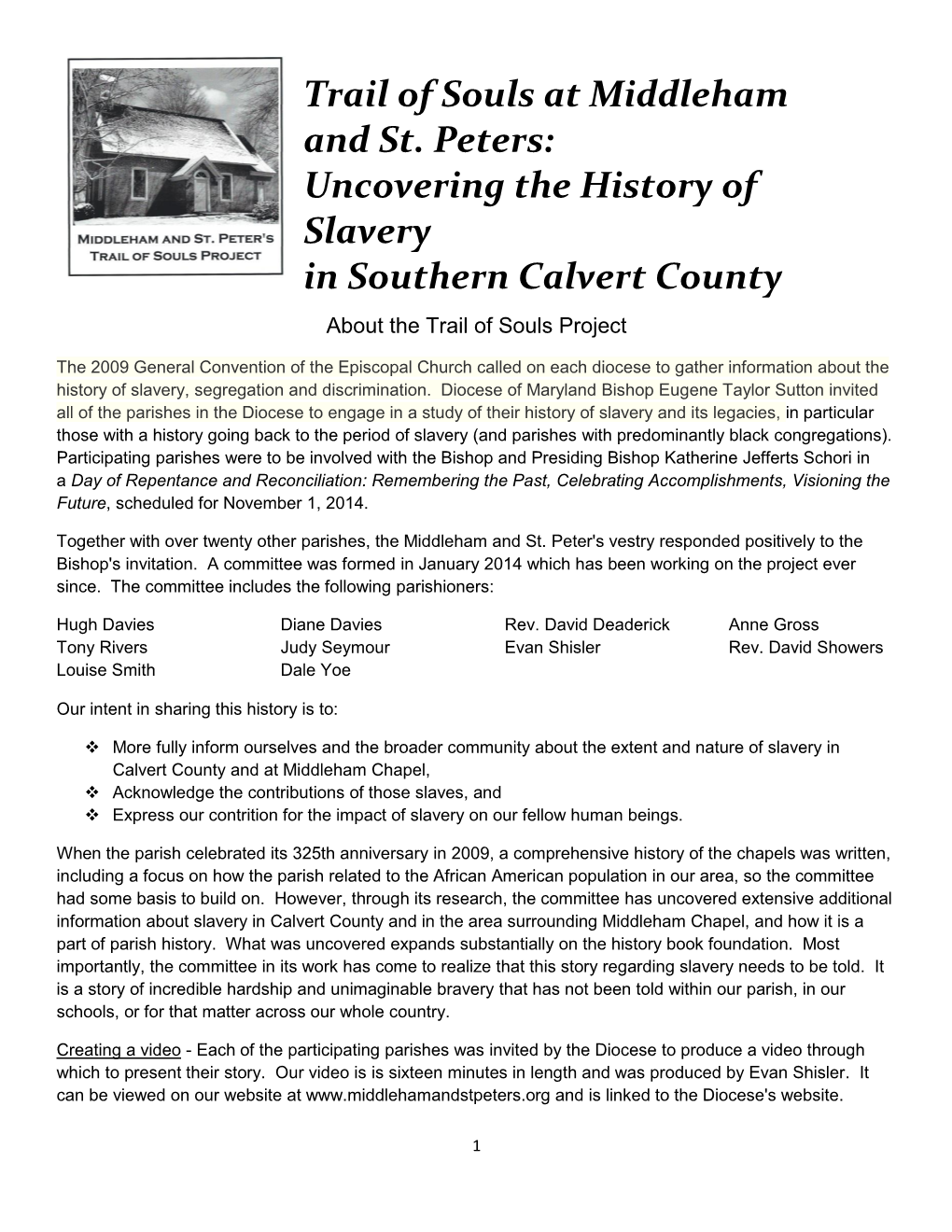 Trail of Souls at Middleham and St. Peters: Uncovering the History of Slavery in Southern Calvert County