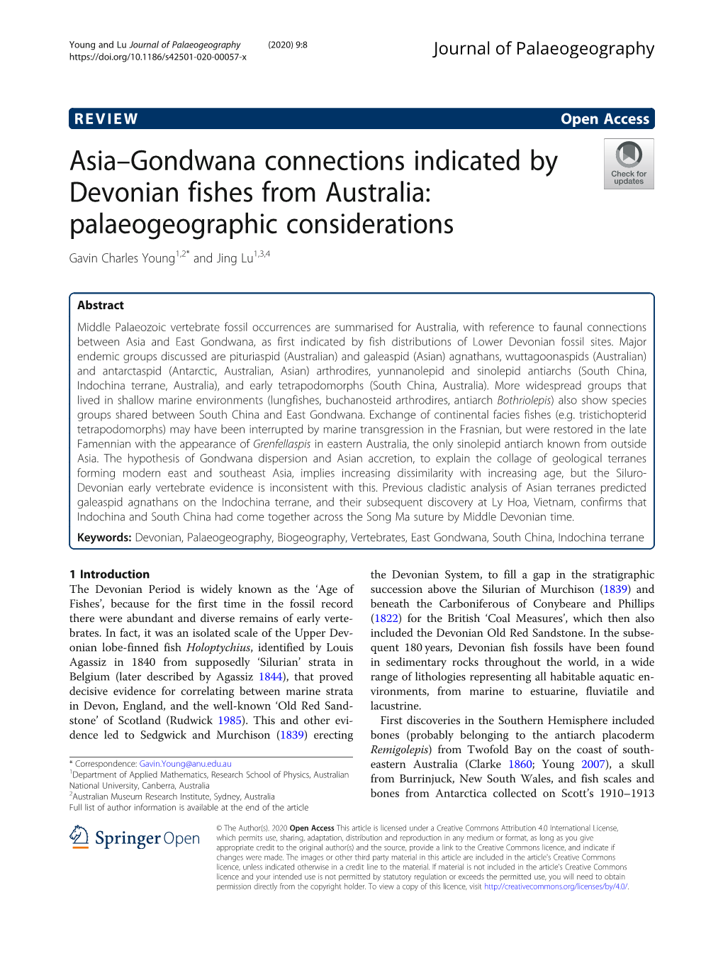 Asia–Gondwana Connections Indicated by Devonian Fishes from Australia: Palaeogeographic Considerations Gavin Charles Young1,2* and Jing Lu1,3,4