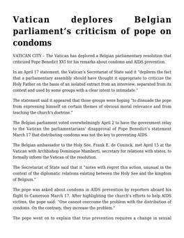 Vatican Deplores Belgian Parliament's Criticism of Pope on Condoms
