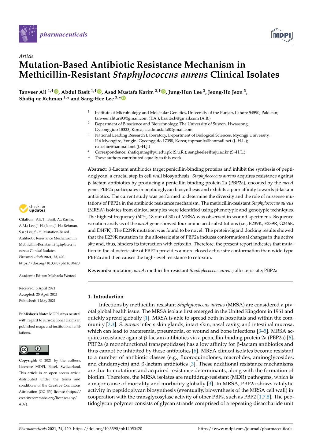 Mutation-Based Antibiotic Resistance Mechanism in Methicillin-Resistant Staphylococcus Aureus Clinical Isolates