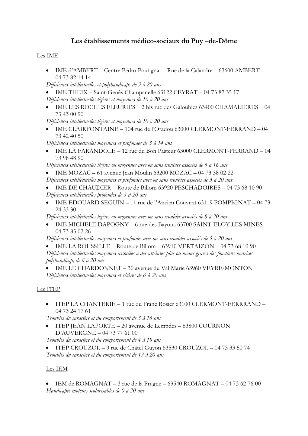 Les Établissements Médico-Sociaux Du Puy –De-Dôme