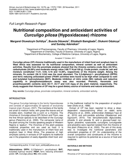 Nutritional Composition and Antioxidant Activities of Curculigo Pilosa (Hypoxidaceae) Rhizome