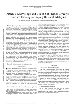 Patient's Knowledge and Use of Sublingual Glyceryl Trinitrate Therapy in Taiping Hospital, Malaysia