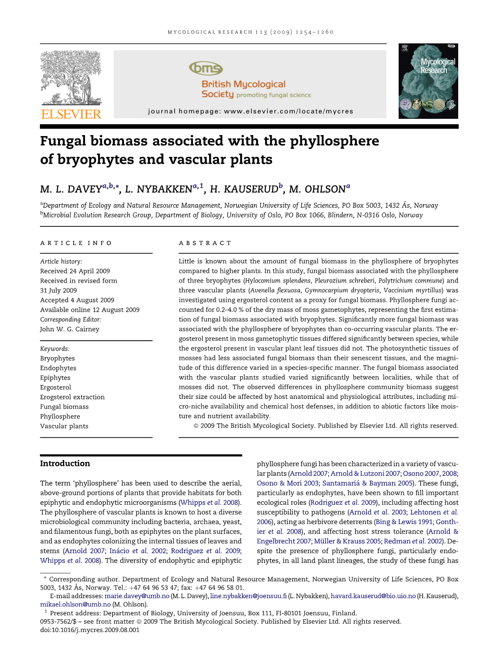 Fungal Biomass Associated with the Phyllosphere of Bryophytes and Vascular Plants