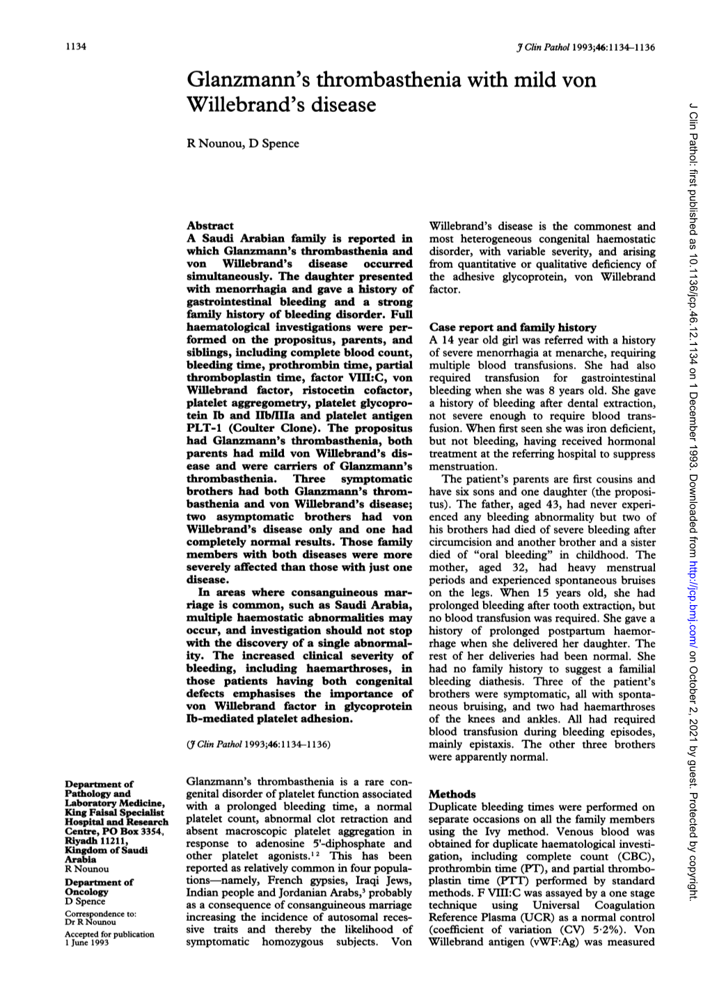 Glanzmann's Thrombasthenia with Mild Von Willebrand's Disease J Clin Pathol: First Published As 10.1136/Jcp.46.12.1134 on 1 December 1993
