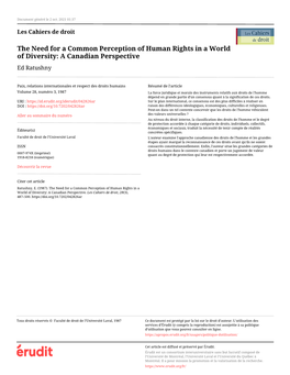 The Need for a Common Perception of Human Rights in a World of Diversity: a Canadian Perspective Ed Ratushny