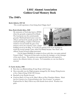 LSSU Alumni Association Golden Grad Memory Book the 1940'S