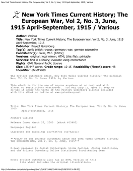 New York Times Current History; the European War, Vol 2, No. 3, June, 1915 April-September, 1915 / Various