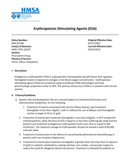 Erythropoiesis Stimulating Agents (ESA)