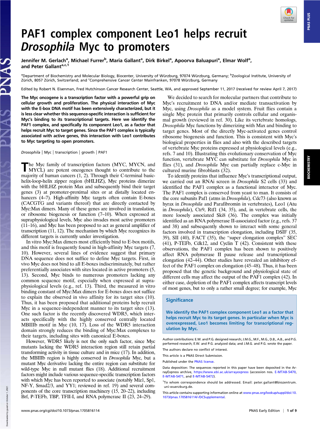 PAF1 Complex Component Leo1 Helps Recruit Drosophila Myc to Promoters