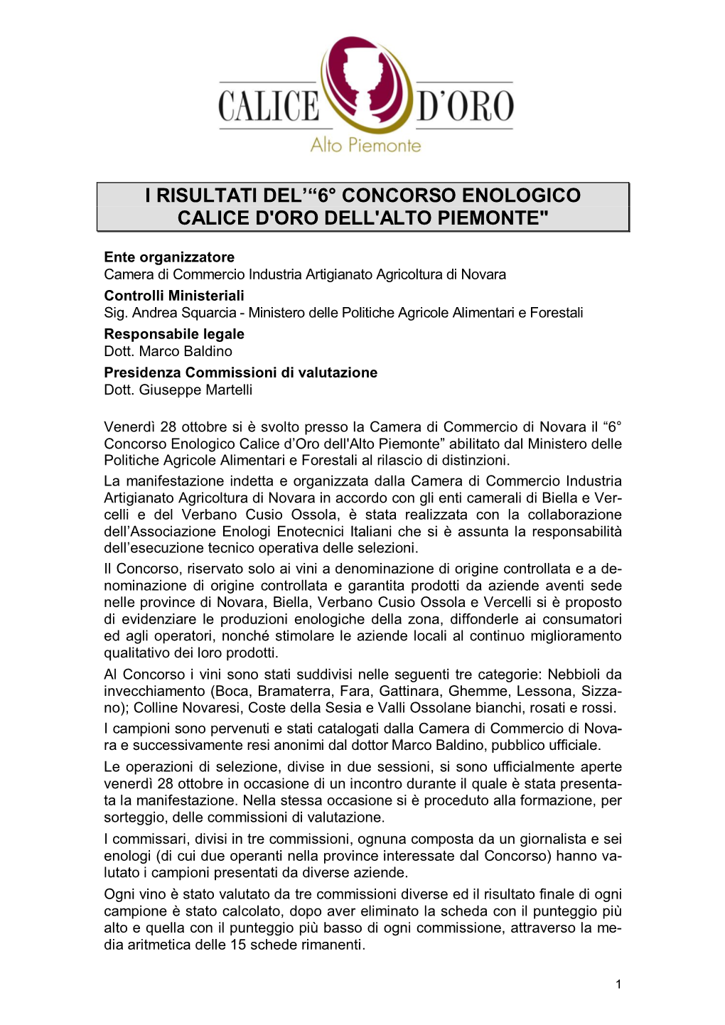 I Risultati Del'“6° Concorso Enologico Calice D'oro Dell'alto Piemonte"