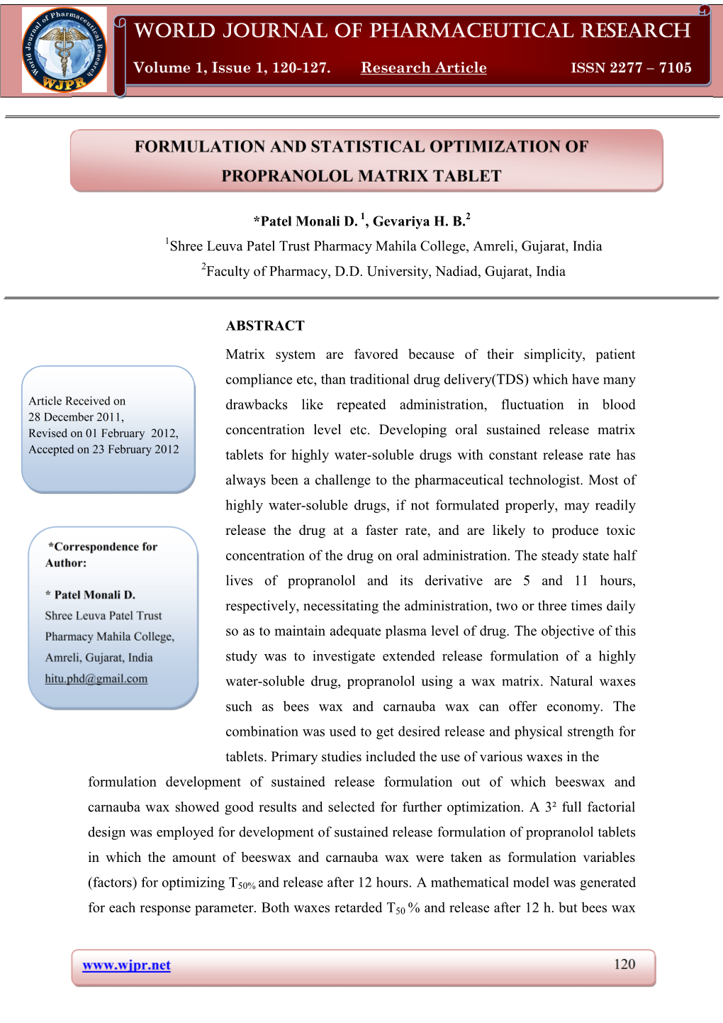 World Journal of Pharmaceutical Research Patel Monali Et Al