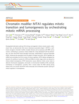 Chromatin Modifier MTA1 Regulates Mitotic Transition and Tumorigenesis