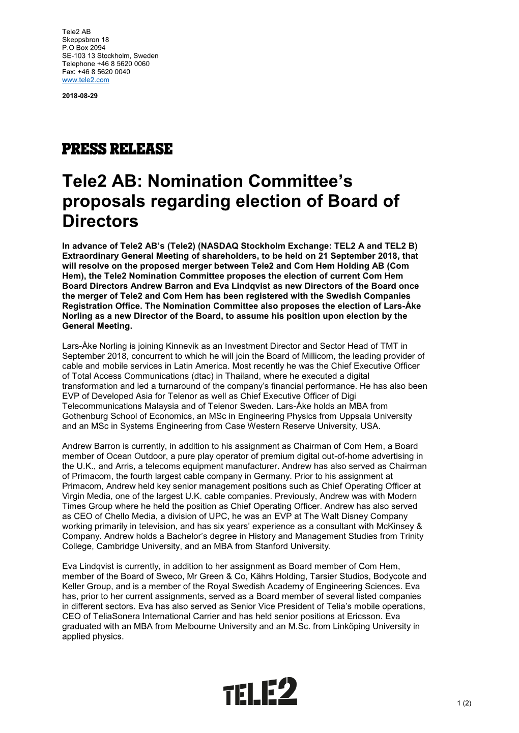 Tele2 AB: Nomination Committee's Proposals Regarding Election Of