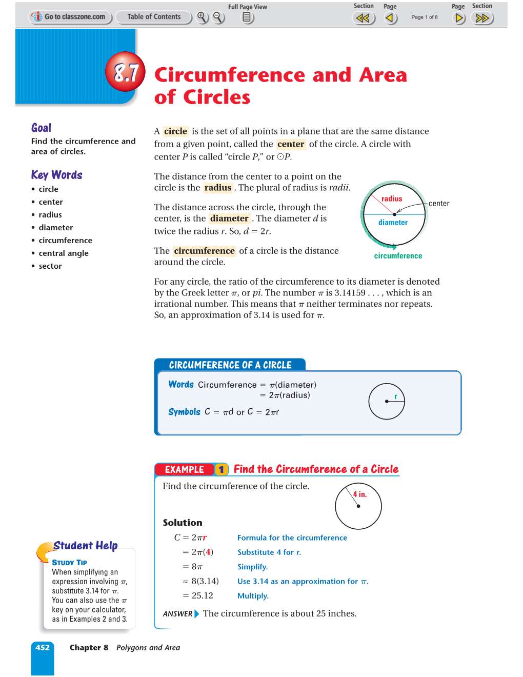 8.7 Circumference and Area of Circles