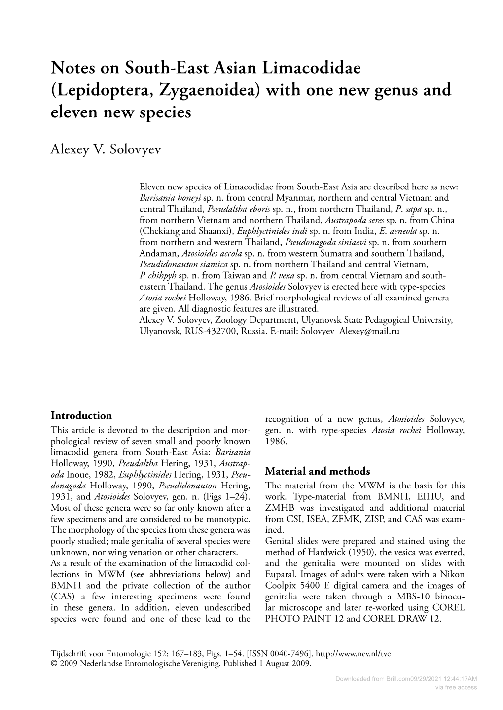 Notes on South-East Asian Limacodidae (Lepidoptera, Zygaenoidea) with One New Genus and Eleven New Species