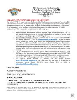 City Commission Meeting Agenda 2 Park Drive South, Great Falls, MT Commission Chambers, Civic Center September 01, 2020 7:00 PM