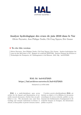 Analyse Hydrologique Des Crues De Juin 2010 Dans Le Var Olivier Payrastre, Jean Philippe Naulin, Chi Cong Nguyen, Eric Gaume