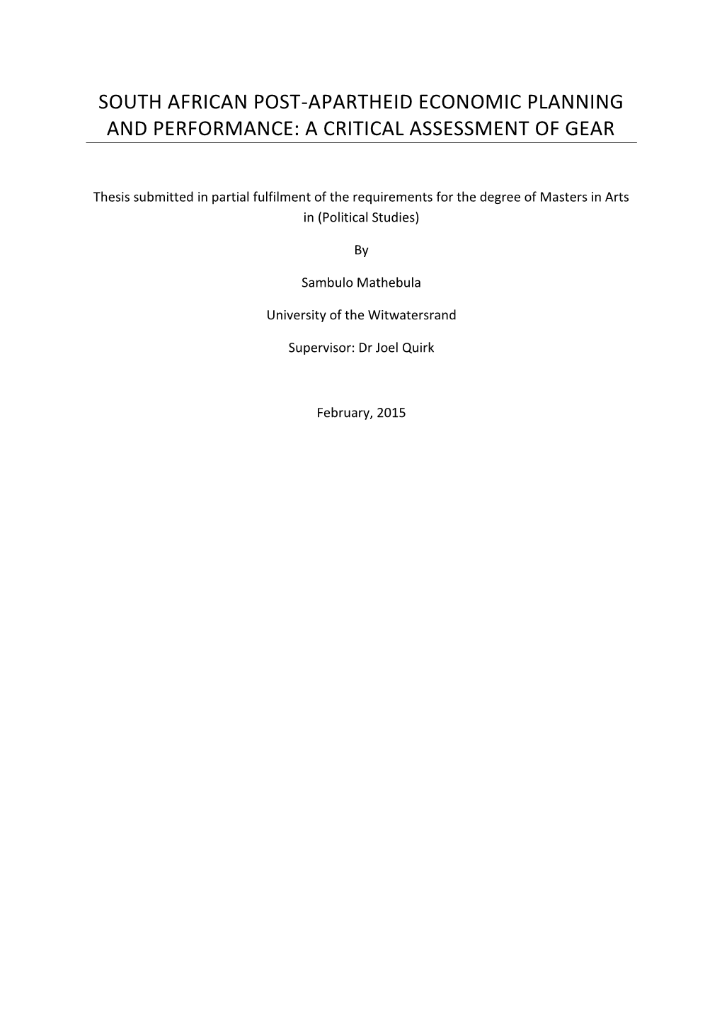 South African Post-Apartheid Economic Planning and Performance: a Critical Assessment of Gear