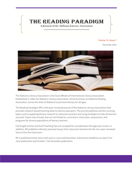 The Reading Paradigm (RP) Is the Peer-Reviewed Journal of the Alabama Literacy Association That Provides Research-Based Teaching Ideas to Literacy Educators