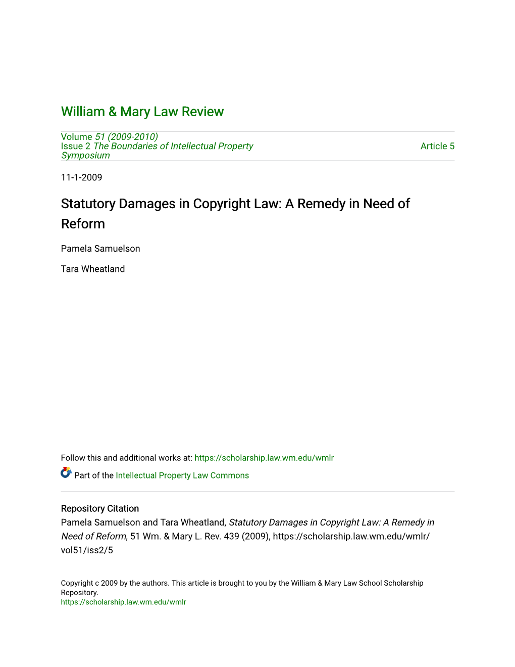 Statutory Damages in Copyright Law: a Remedy in Need of Reform