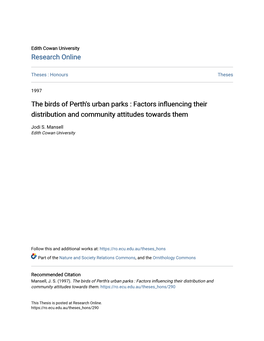 The Birds of Perth's Urban Parks : Factors Influencing Their Distribution and Community Attitudes Towards Them