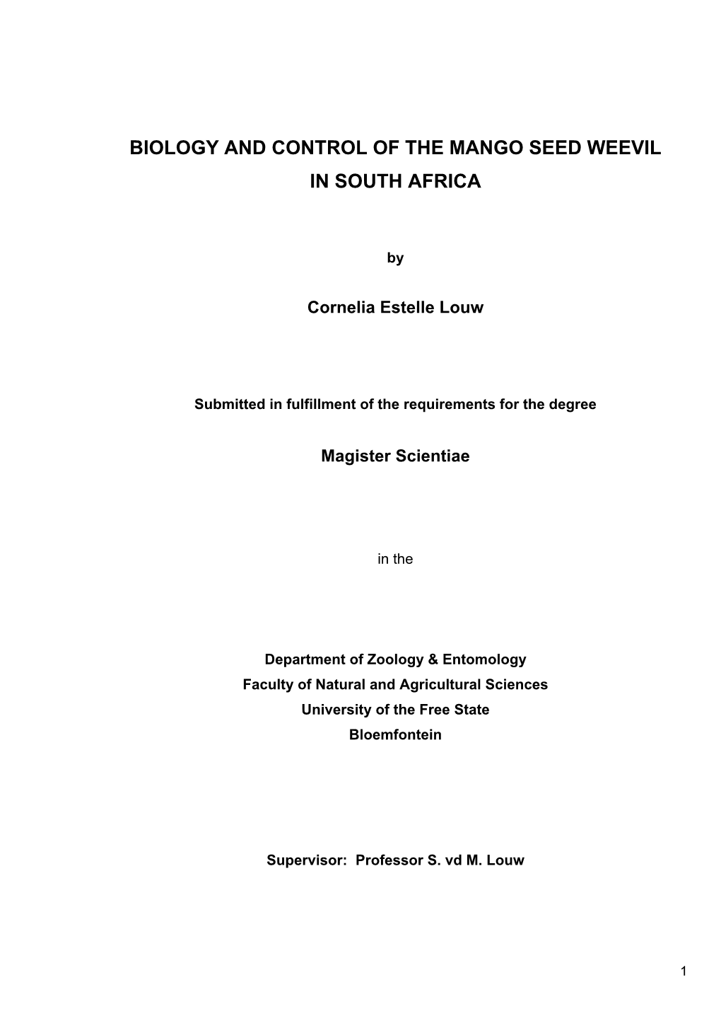 Biology and Control of the Mango Seed Weevil in South Africa