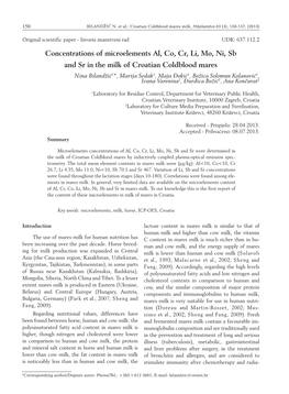 Concentrations of Microelements Al, Co, Cr, Li, Mo, Ni, Sb and Sr in the Milk of Croatian Coldblood Mares