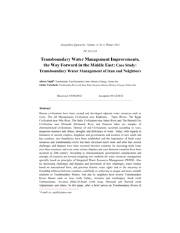 Transboundary Water Management Improvements, the Way Forward in the Middle East; Case Study: Transboundary Water Management of Iran and Neighbors