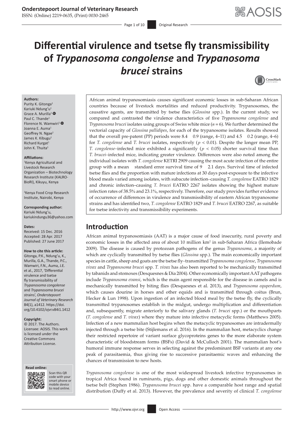 Differential Virulence and Tsetse Fly Transmissibility of Trypanosoma Congolense and Trypanosoma Brucei Strains